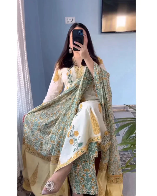 Ivory & Yellow Floral Printed Kurta Set with Matching Dupatta